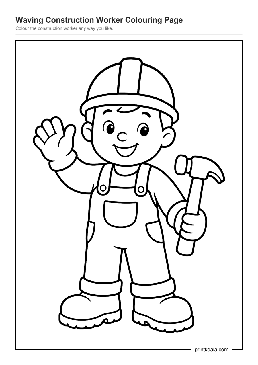 Full preview of the Waving Construction Worker Colouring Page worksheet