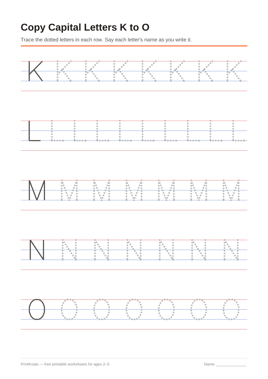 Full preview of the Copy Capital Letters K to O worksheet