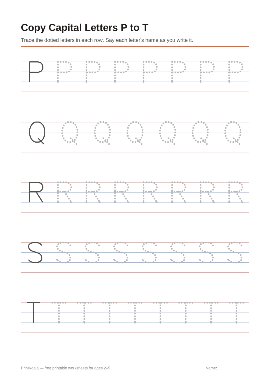Full preview of the Copy Capital Letters P to T worksheet