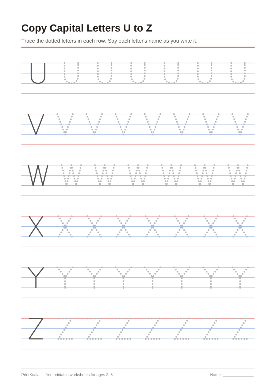 Full preview of the Copy Capital Letters U to Z worksheet