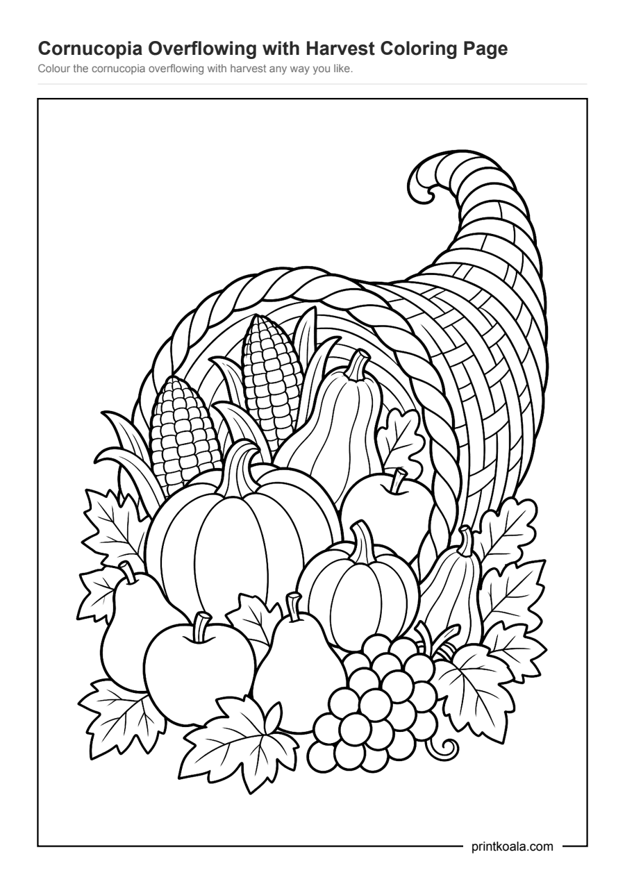 Full preview of the Cornucopia Overflowing with Harvest Coloring Page worksheet