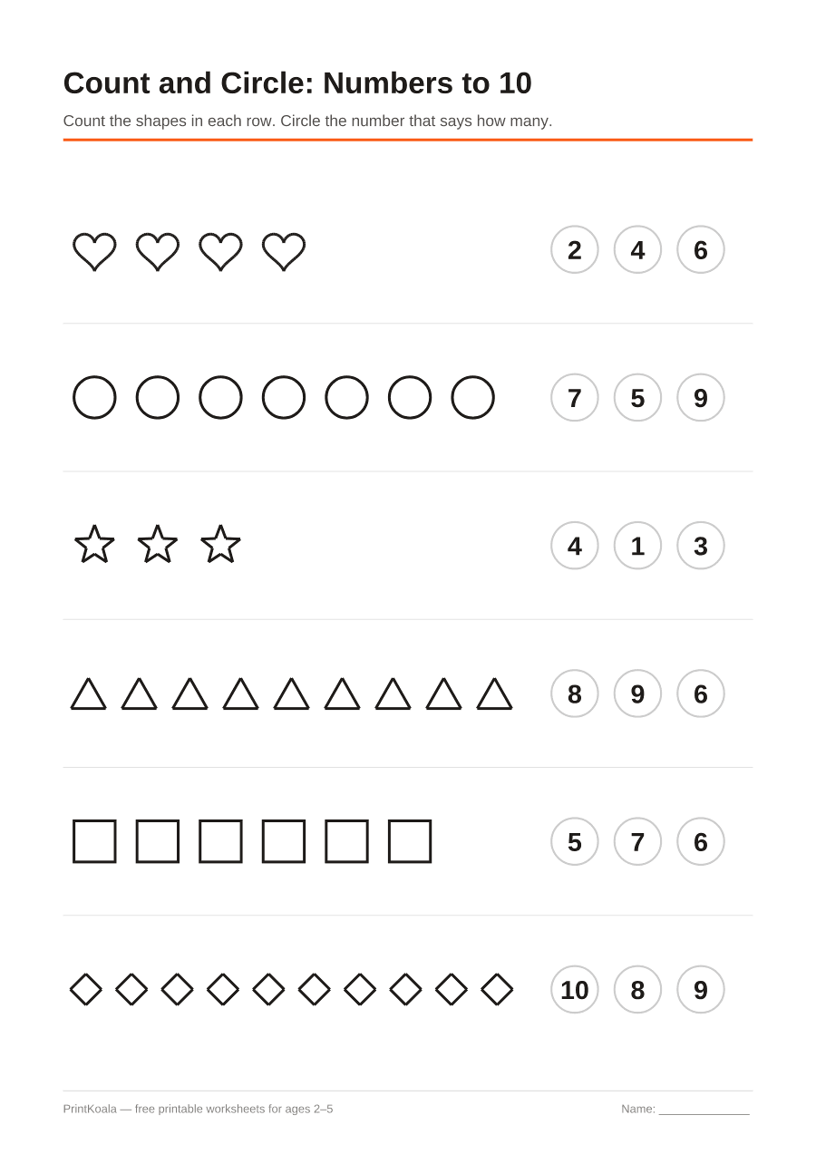 Full preview of the Count and Circle: Numbers to 10 worksheet