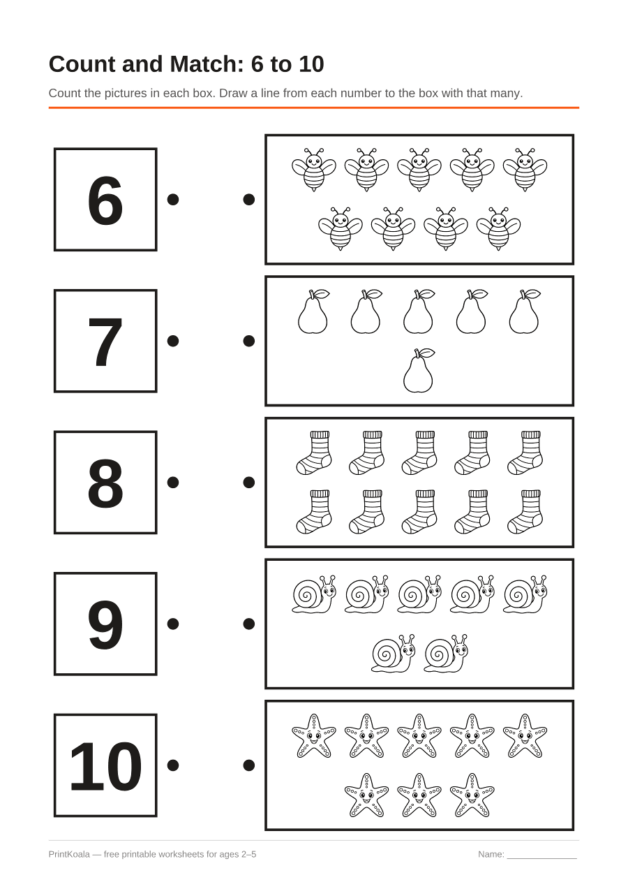 Full preview of the Count and Match: 6 to 10 worksheet