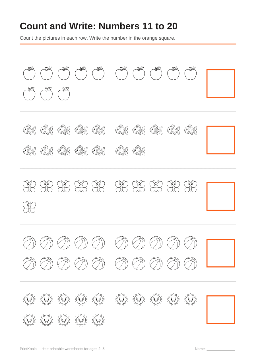 Full preview of the Count and Write: Numbers 11 to 20 worksheet