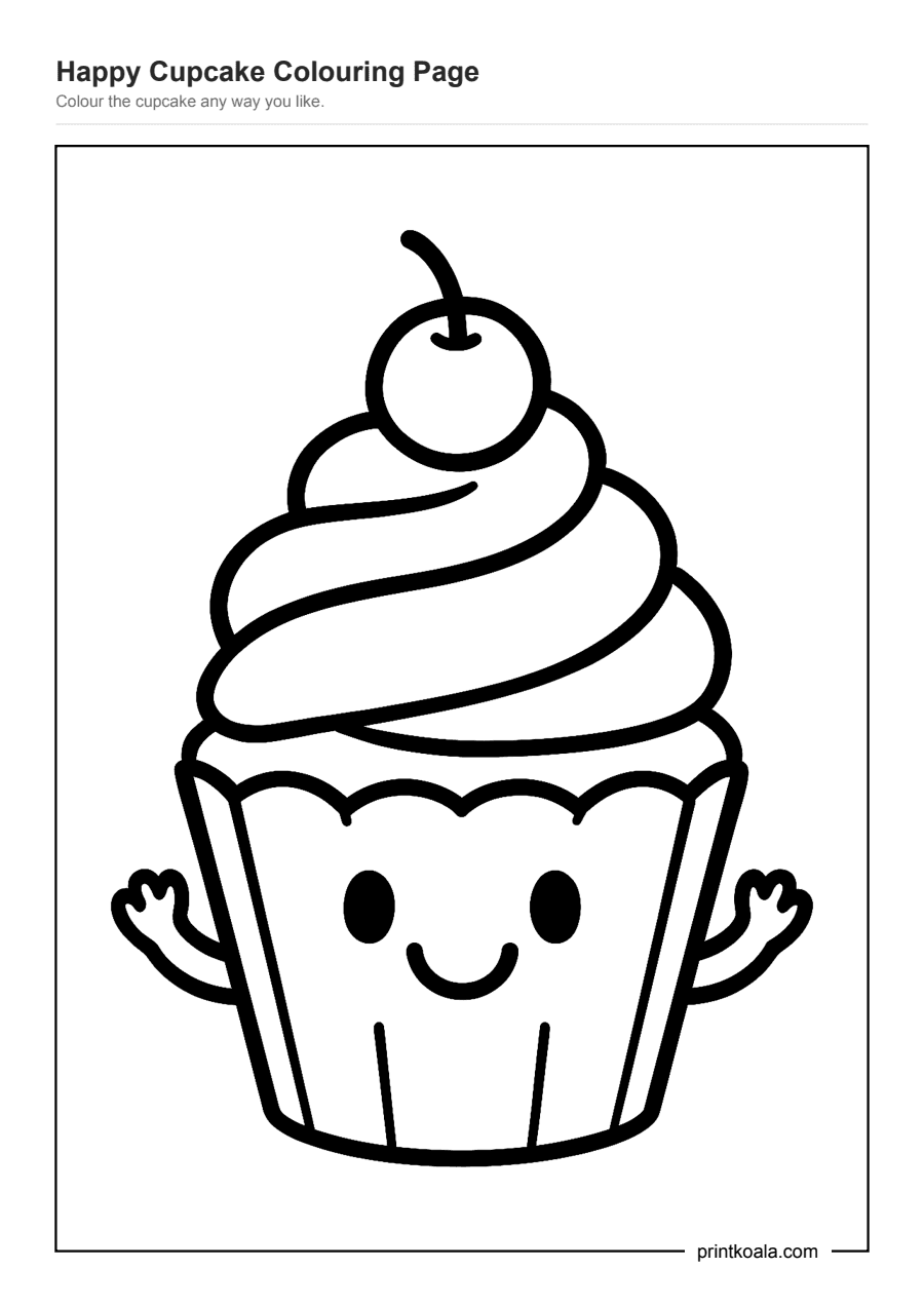 Full preview of the Happy Cupcake Colouring Page worksheet
