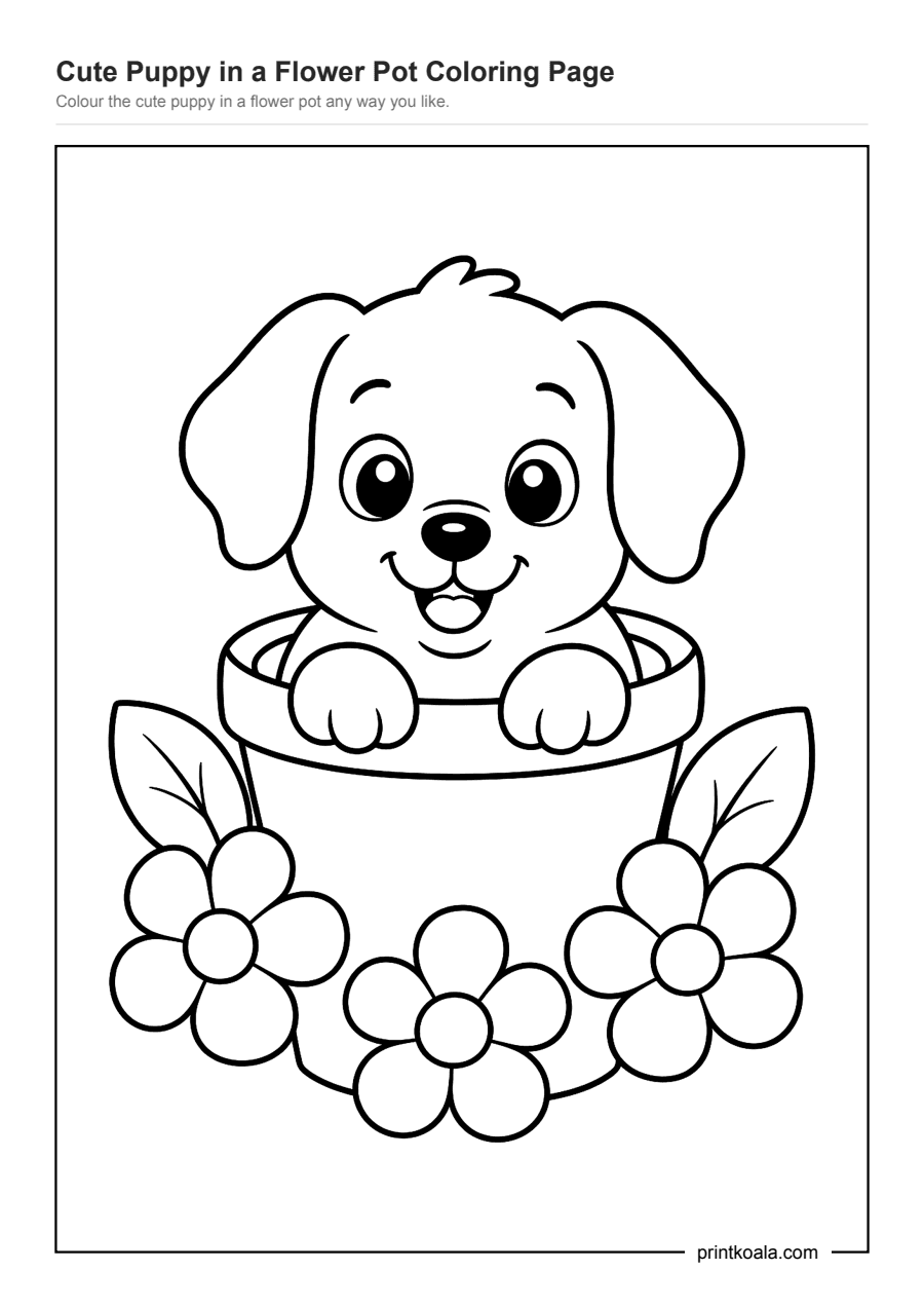 Full preview of the Cute Puppy in a Flower Pot Coloring Page worksheet