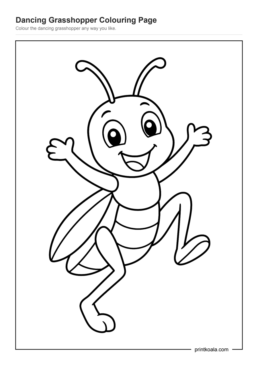 Full preview of the Dancing Grasshopper Colouring Page worksheet