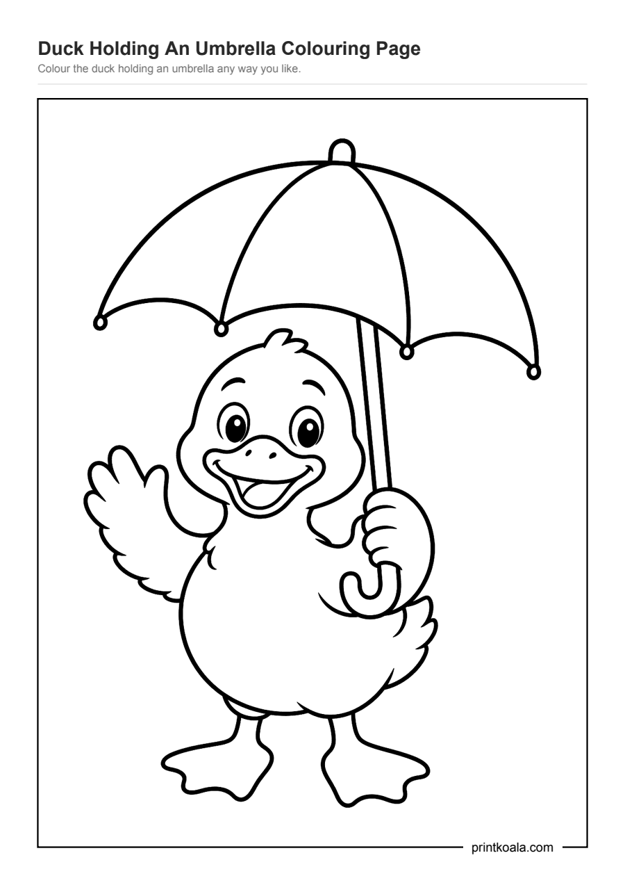 Full preview of the Duck Holding An Umbrella Colouring Page worksheet