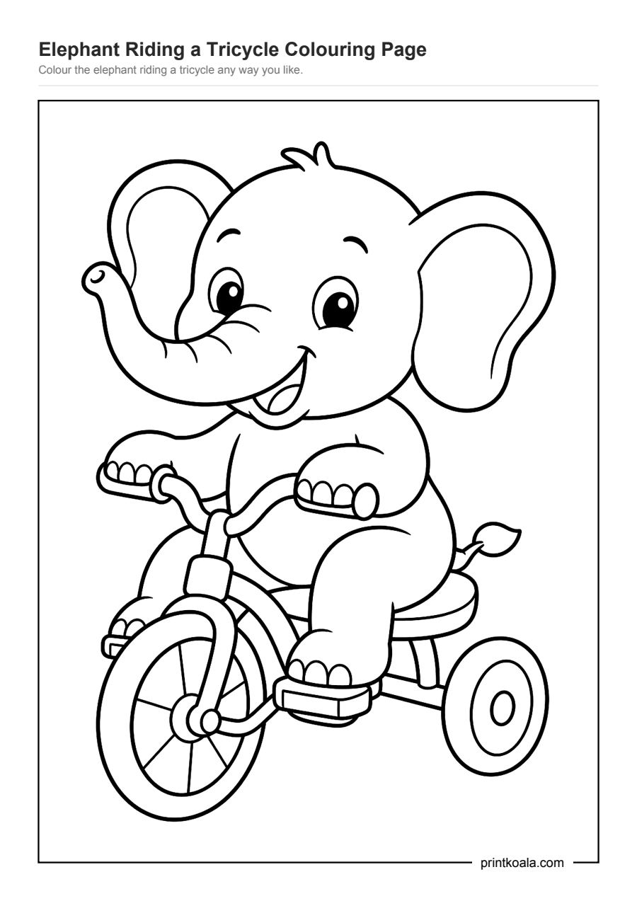 Full preview of the Elephant Riding a Tricycle Colouring Page worksheet