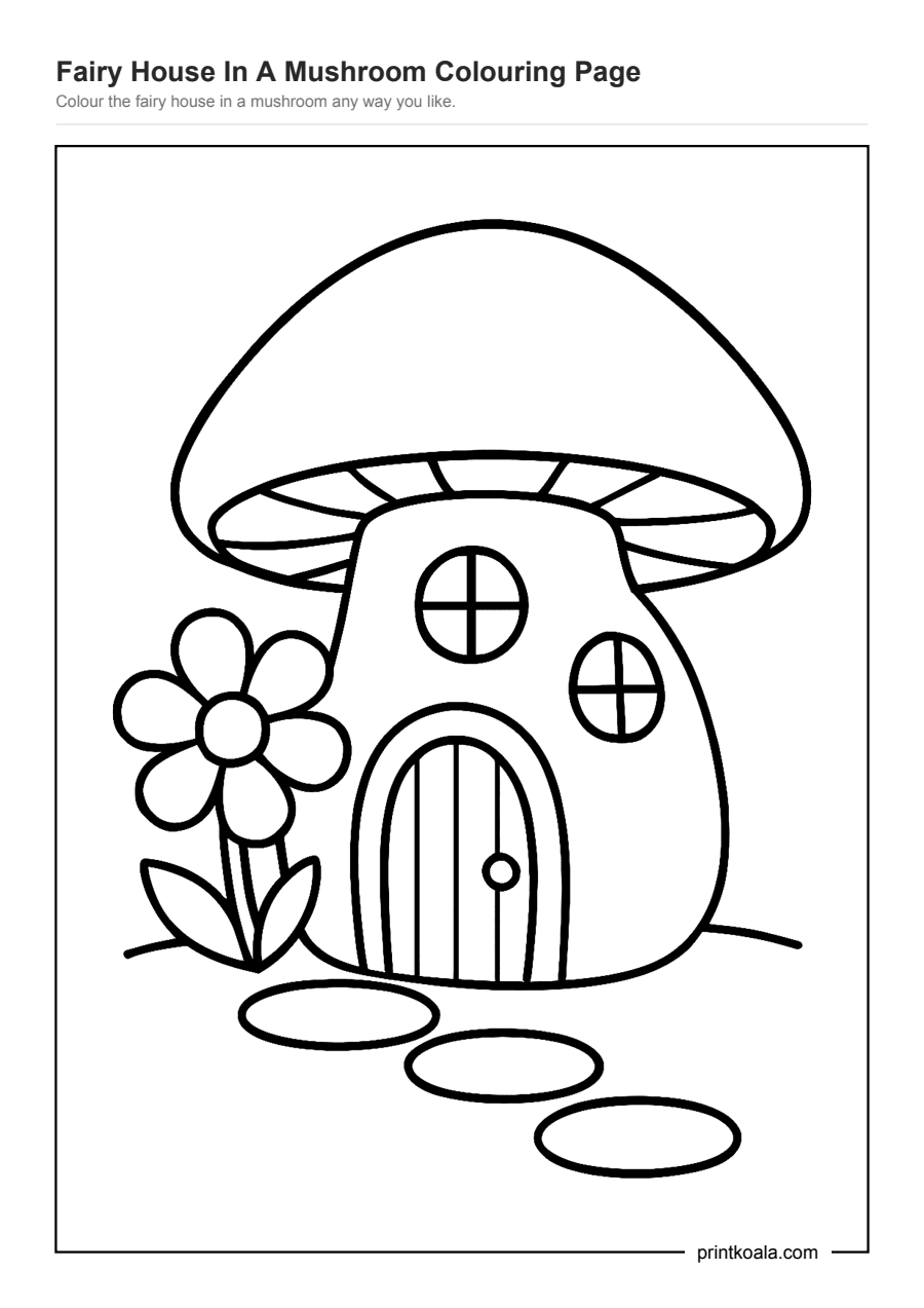 Full preview of the Fairy House In A Mushroom Colouring Page worksheet