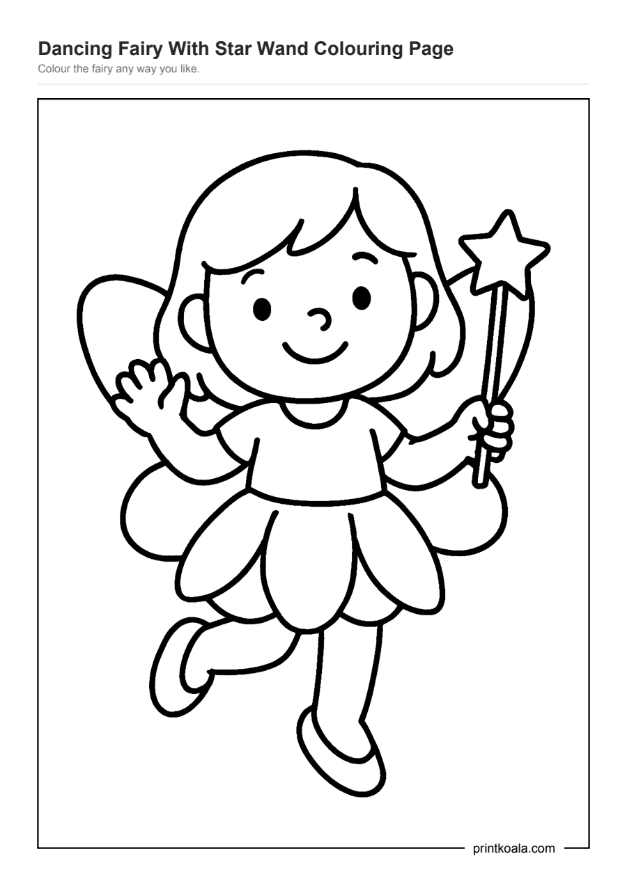 Full preview of the Dancing Fairy With Star Wand Colouring Page worksheet