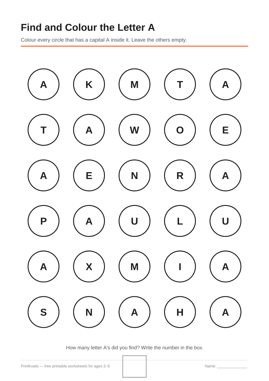 Full preview of the Find and Colour the Letter A worksheet