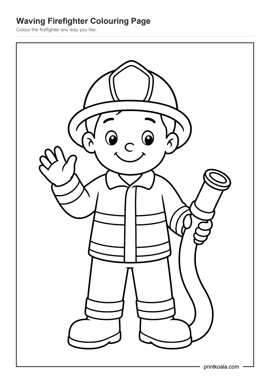 Full preview of the Waving Firefighter Colouring Page worksheet