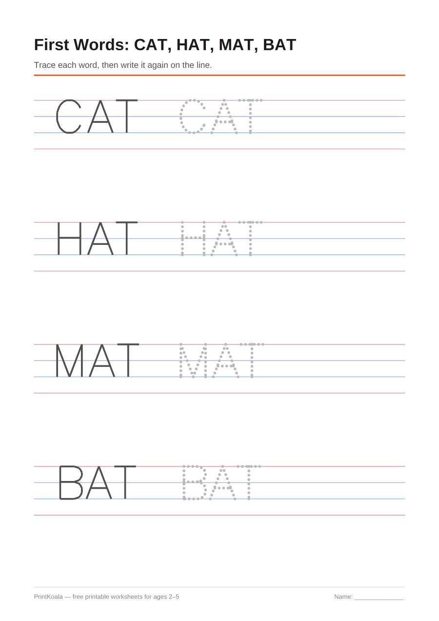 Full preview of the First Words: CAT, HAT, MAT, BAT worksheet