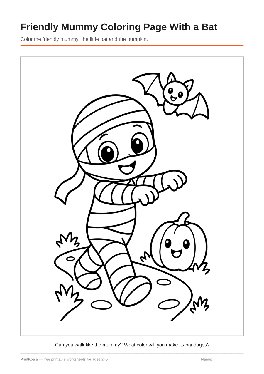 Full preview of the Friendly Mummy Coloring Page With a Bat worksheet