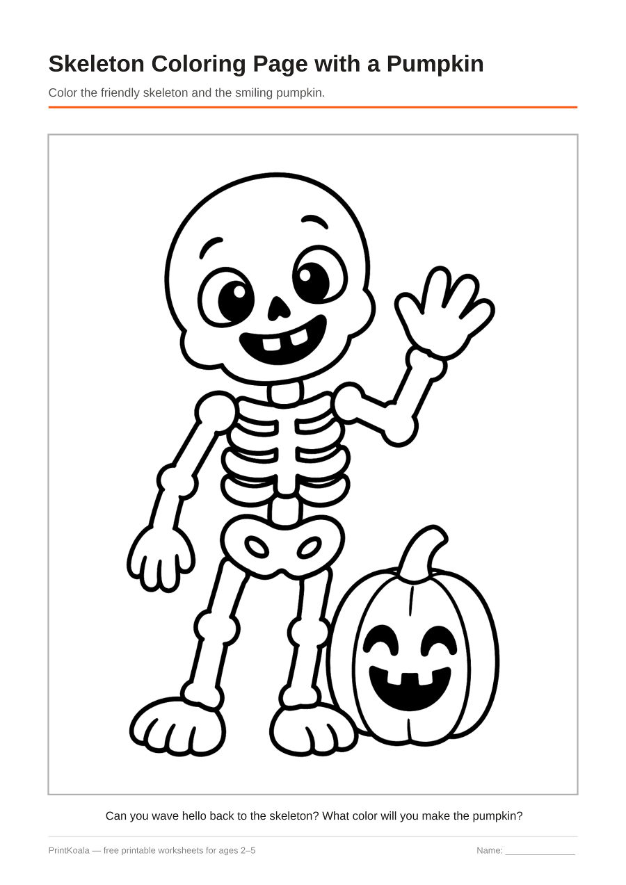 Full preview of the Skeleton Coloring Page with a Pumpkin worksheet