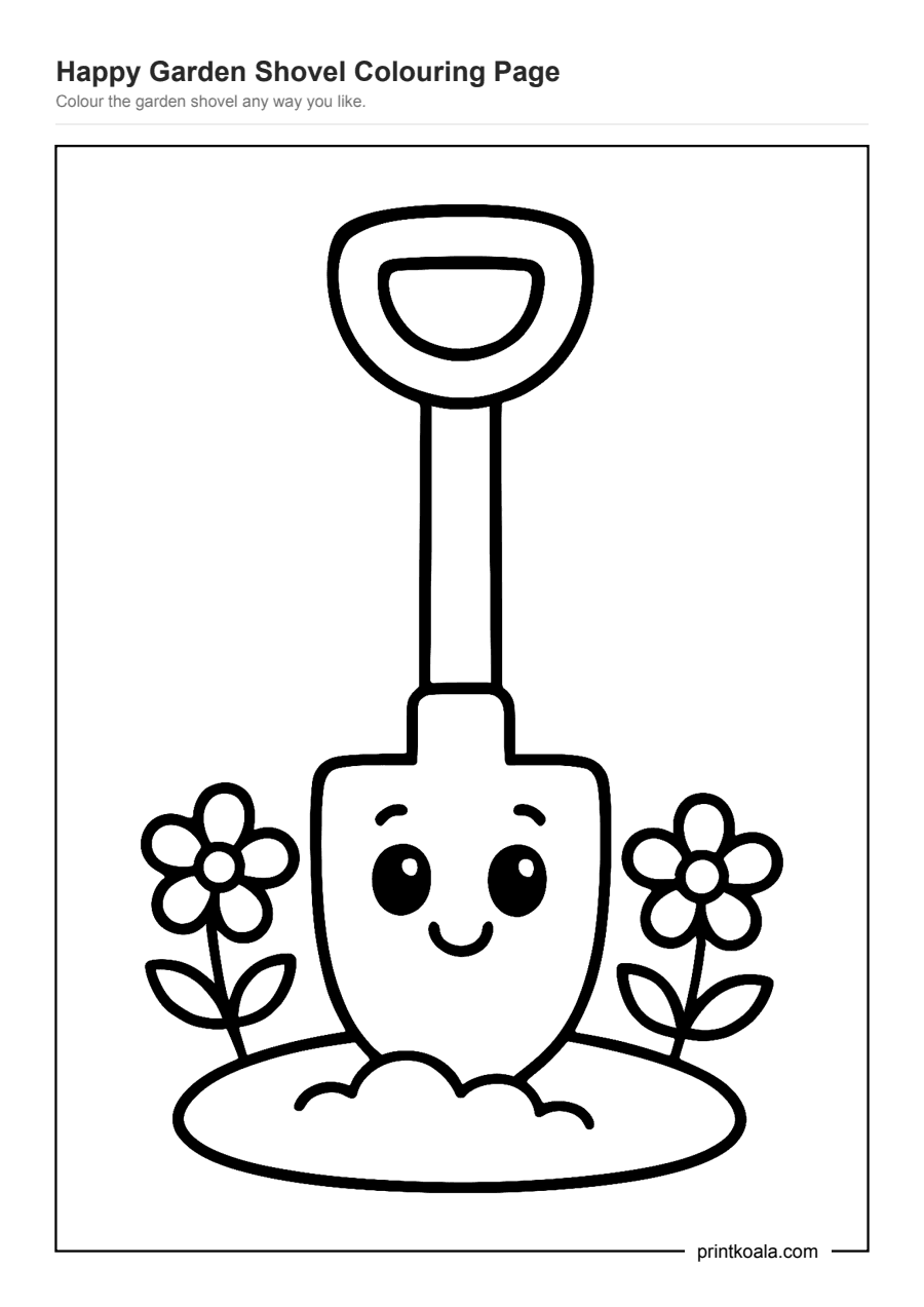 Full preview of the Happy Garden Shovel Colouring Page worksheet