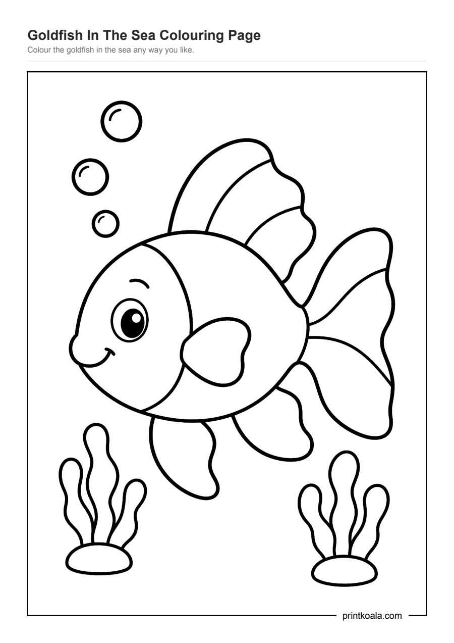 Full preview of the Goldfish In The Sea Colouring Page worksheet