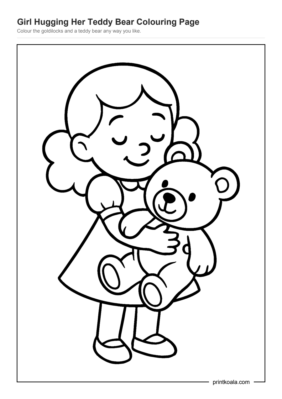 Full preview of the Girl Hugging Her Teddy Bear Colouring Page worksheet