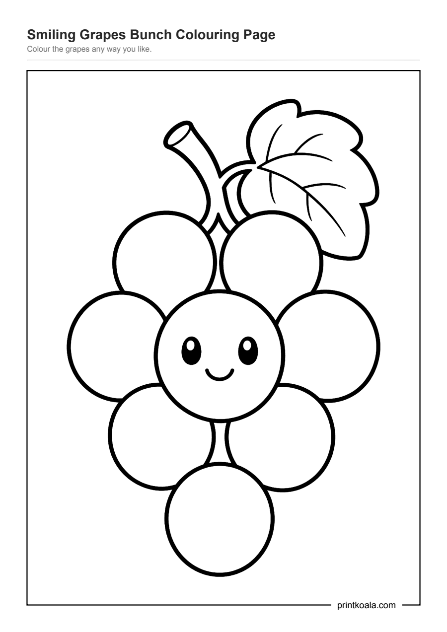 Full preview of the Smiling Grapes Bunch Colouring Page worksheet