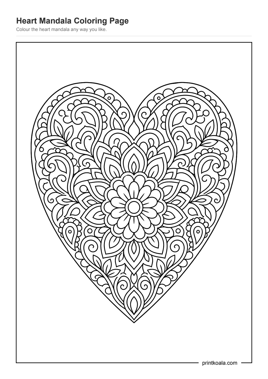Full preview of the Heart Mandala Coloring Page worksheet