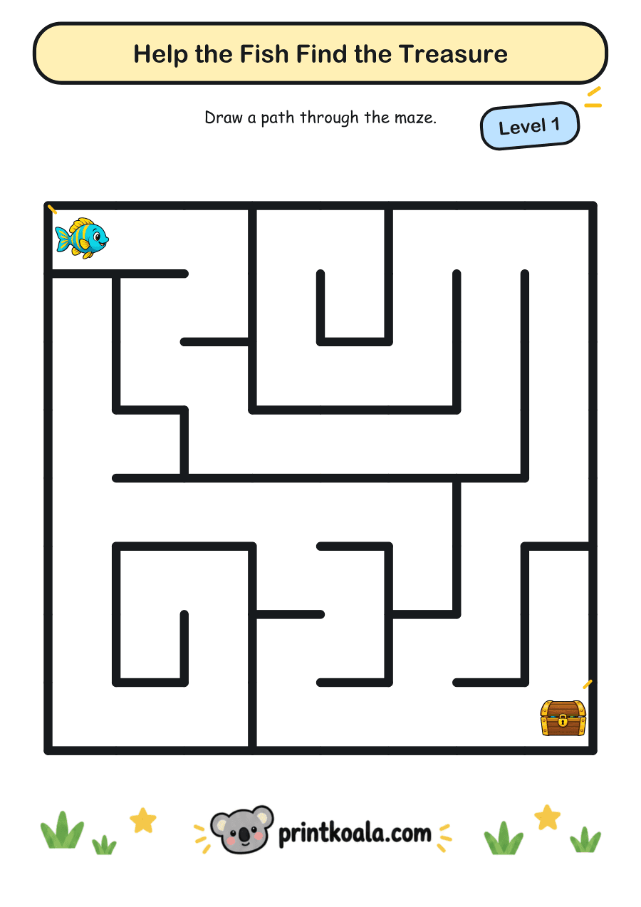 Full preview of the Help the Fish Find the Treasure — Level 1 worksheet