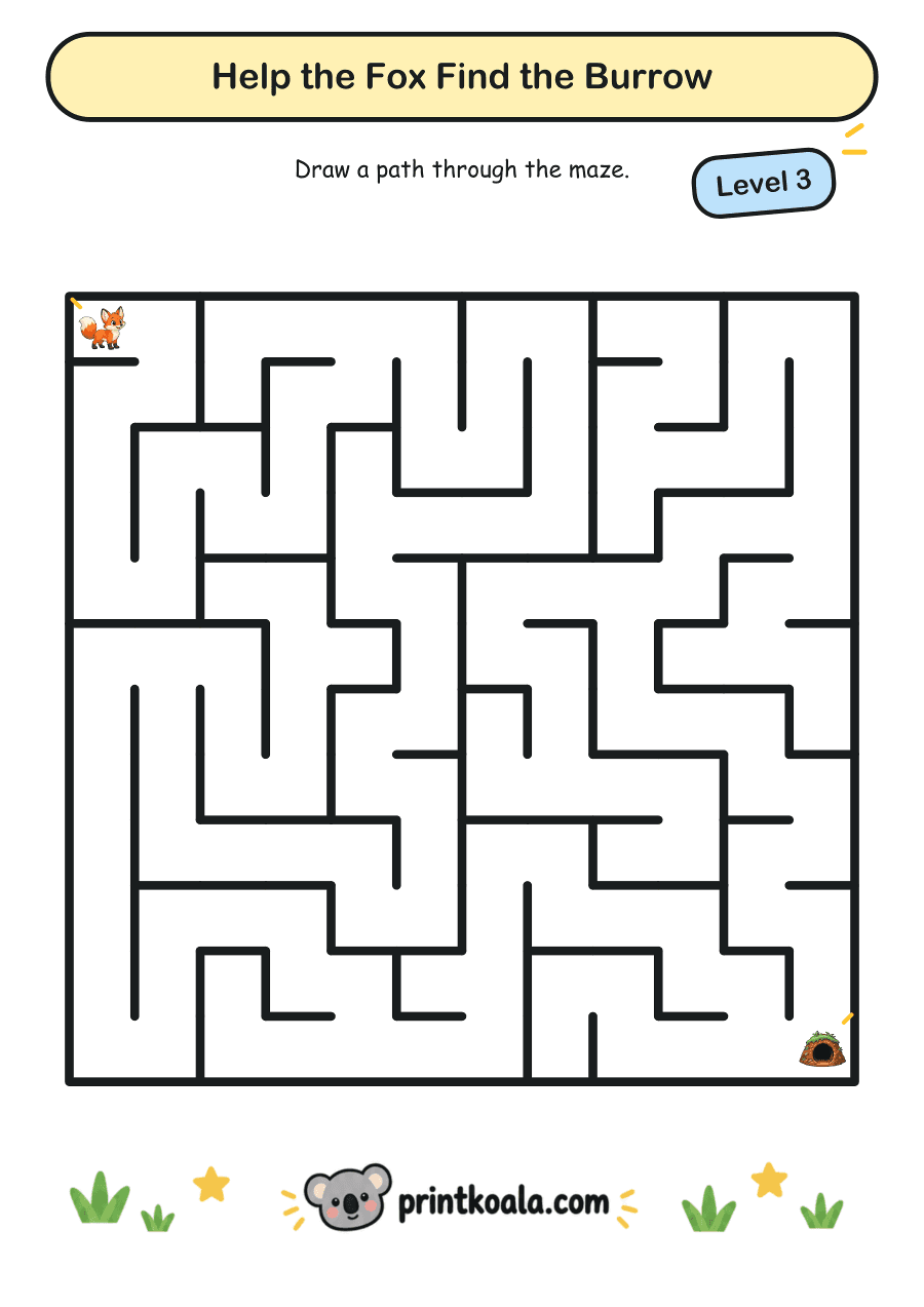 Full preview of the Help the Fox Find the Burrow — Level 3 worksheet