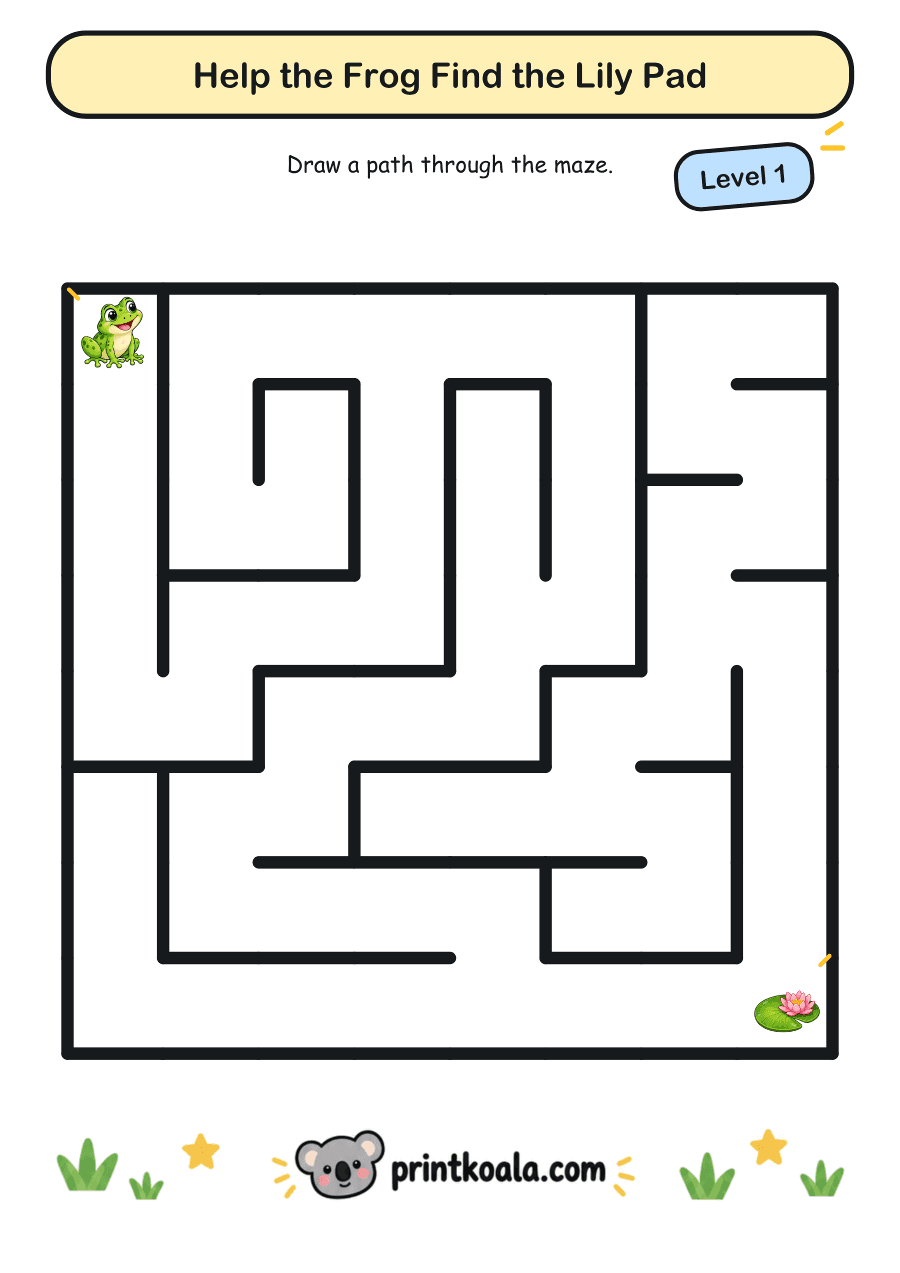 Full preview of the Help the Frog Find the Lily Pad — Level 1 worksheet