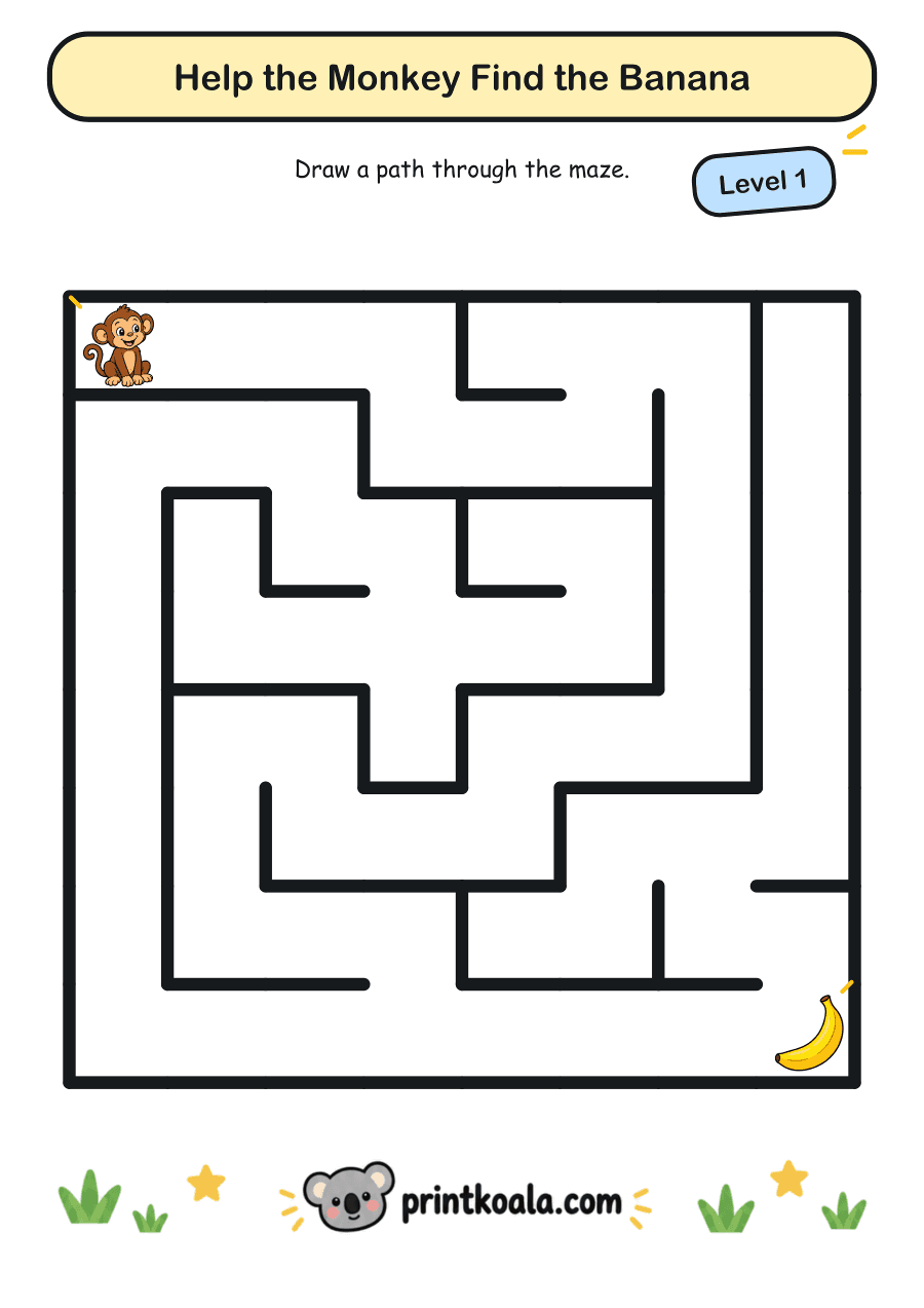 Full preview of the Help the Monkey Find the Banana — Level 1 worksheet