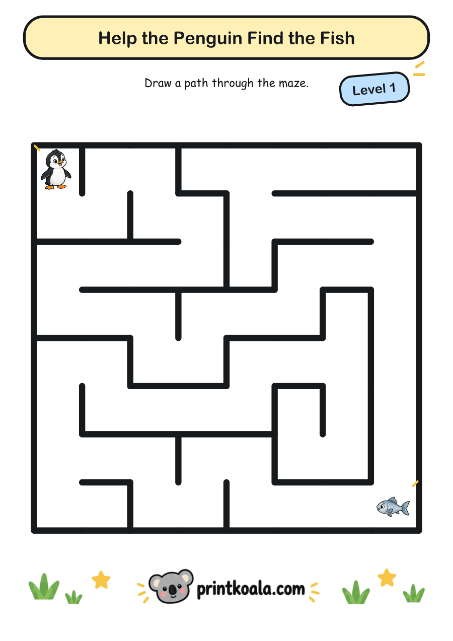 Full preview of the Help the Penguin Find the Fish — Level 1 worksheet