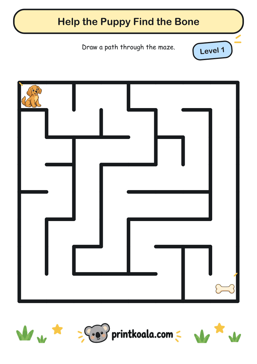 Full preview of the Help the Puppy Find the Bone — Level 1 worksheet
