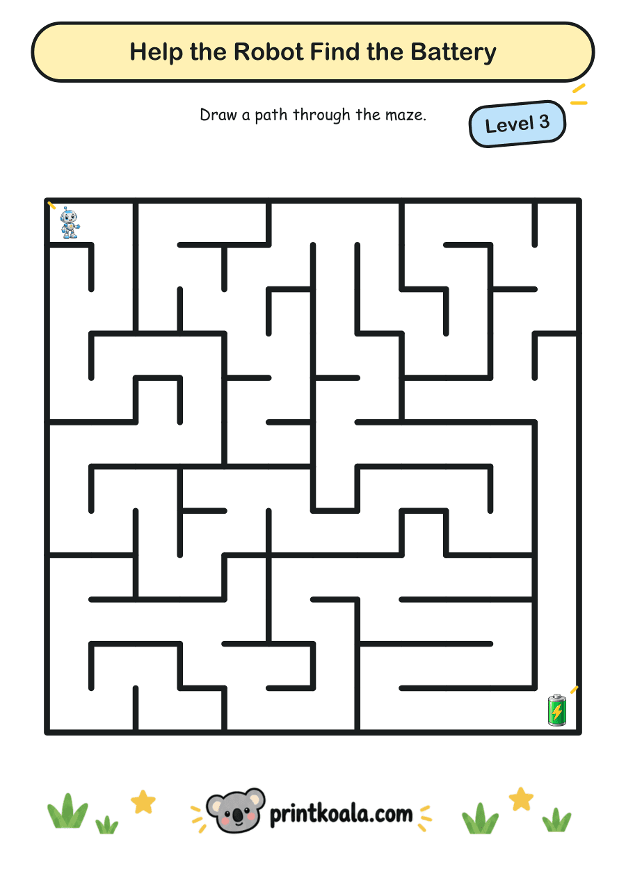 Full preview of the Help the Robot Find the Battery — Level 3 worksheet
