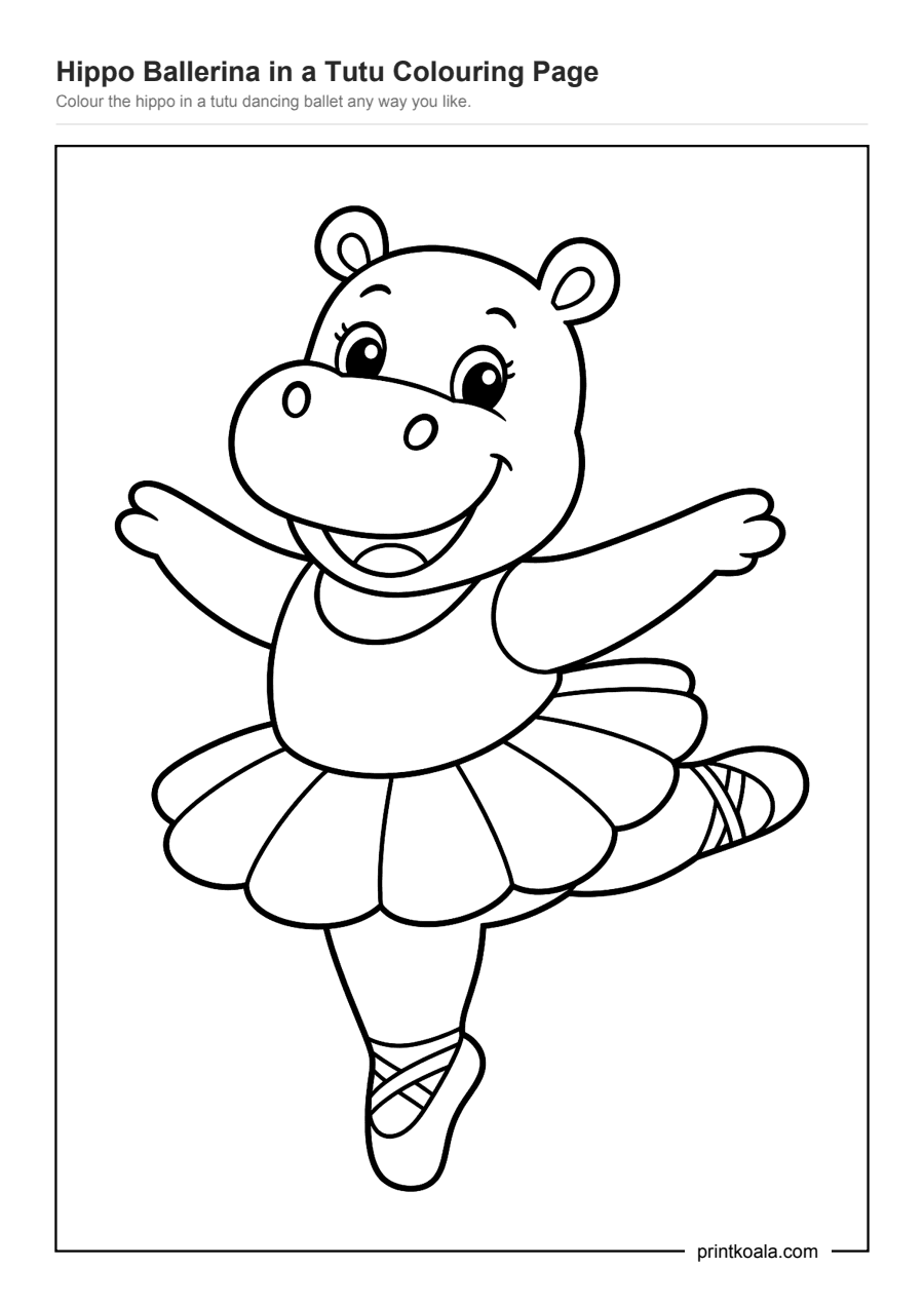 Full preview of the Hippo Ballerina in a Tutu Colouring Page worksheet
