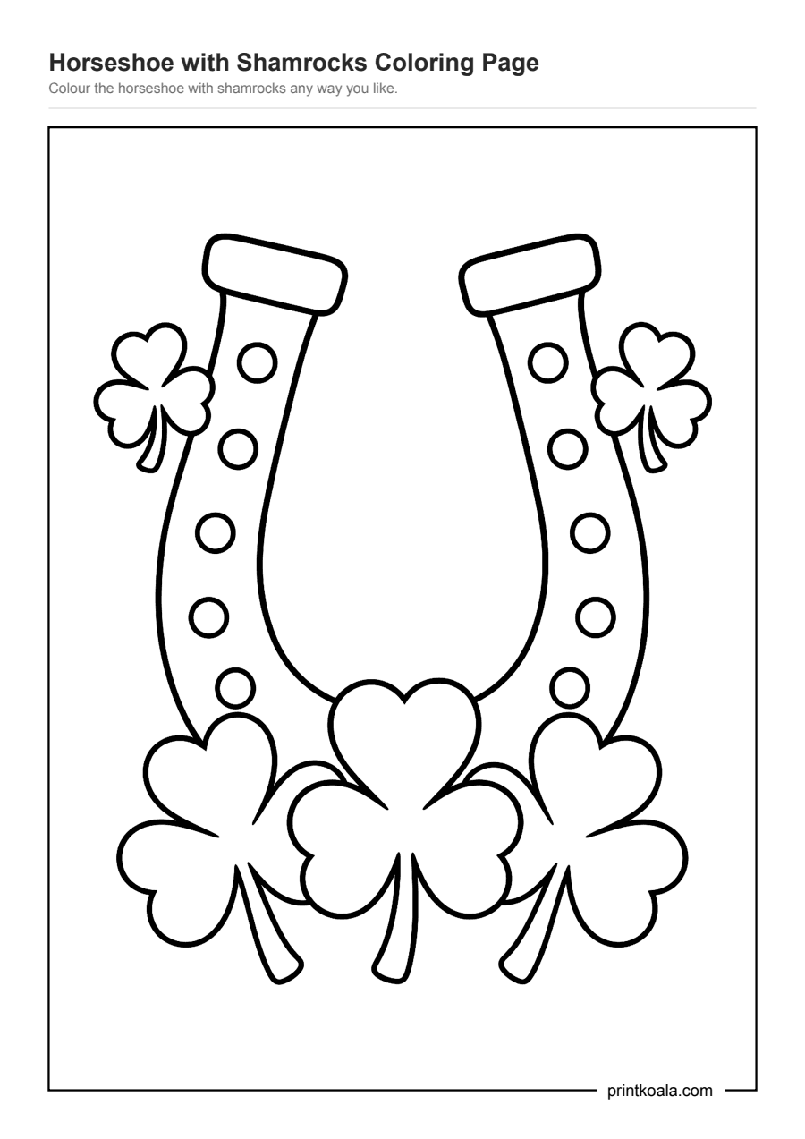 Full preview of the Horseshoe with Shamrocks Coloring Page worksheet