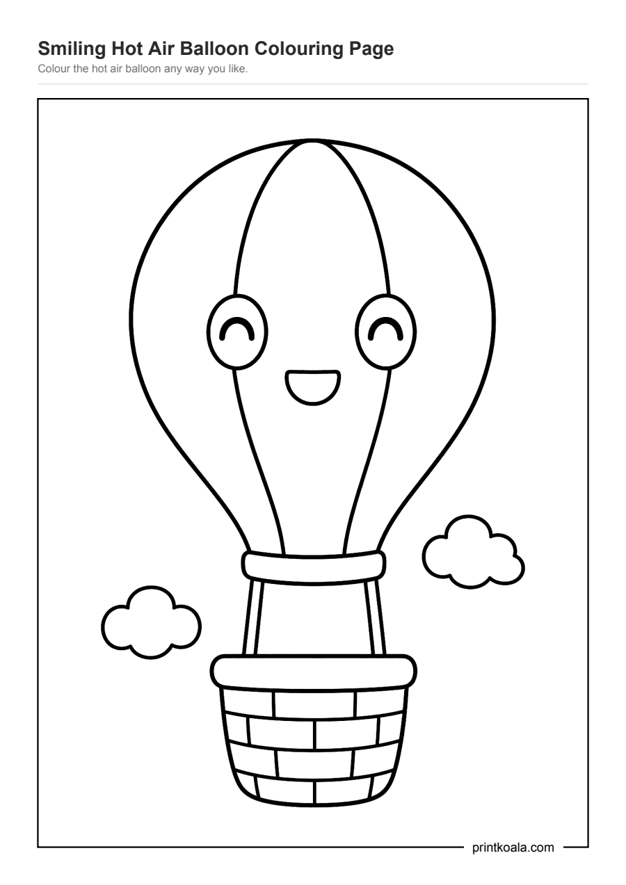 Full preview of the Smiling Hot Air Balloon Colouring Page worksheet