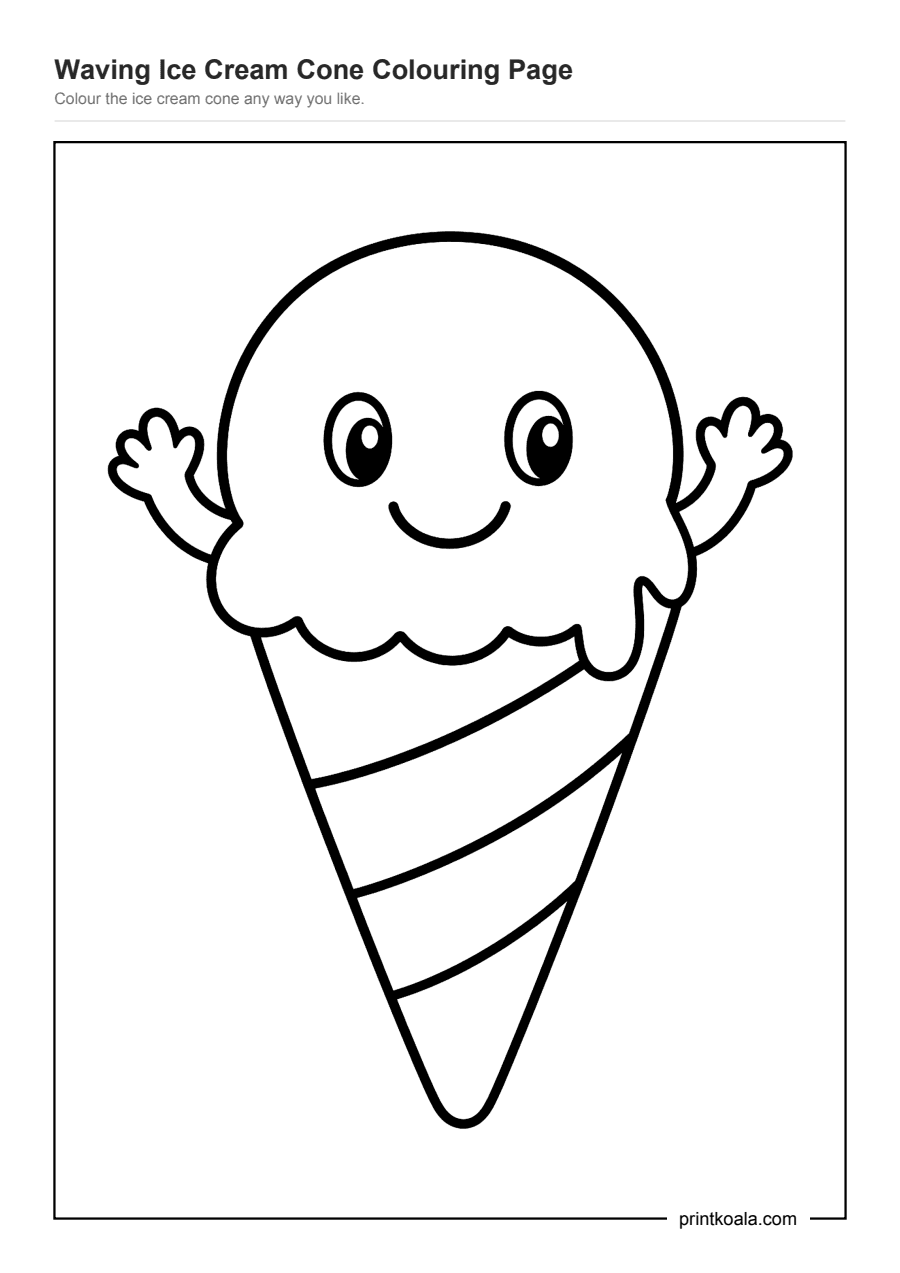Full preview of the Waving Ice Cream Cone Colouring Page worksheet
