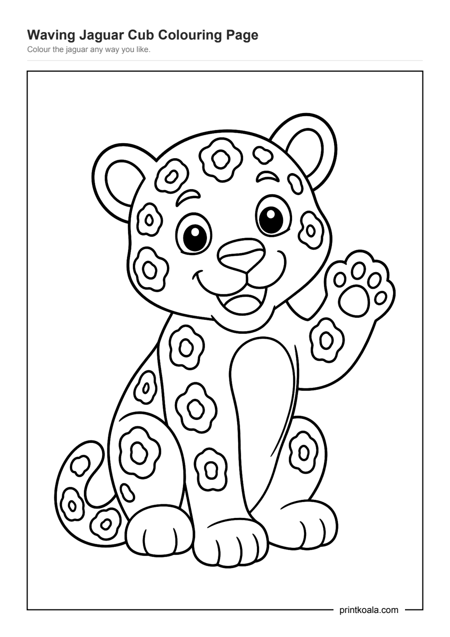 Full preview of the Waving Jaguar Cub Colouring Page worksheet