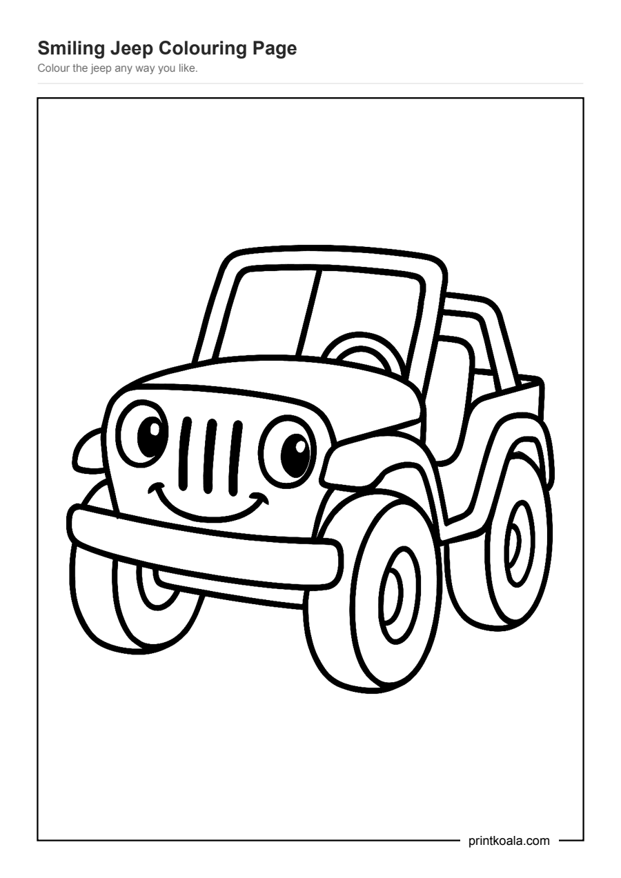 Full preview of the Smiling Jeep Colouring Page worksheet