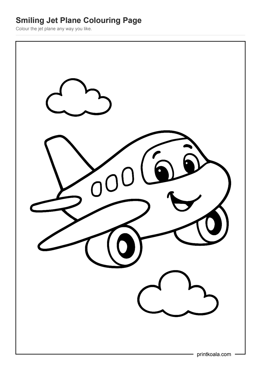 Full preview of the Smiling Jet Plane Colouring Page worksheet