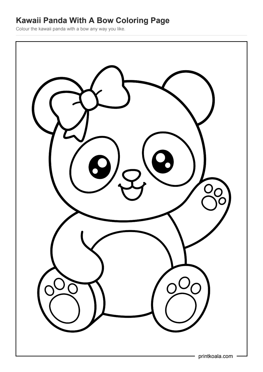 Full preview of the Kawaii Panda With A Bow Coloring Page worksheet