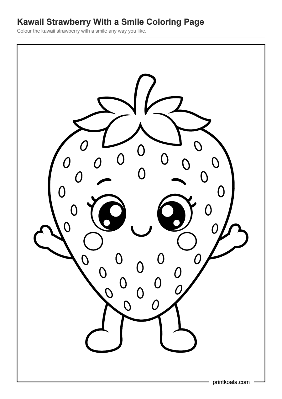 Full preview of the Kawaii Strawberry With a Smile Coloring Page worksheet