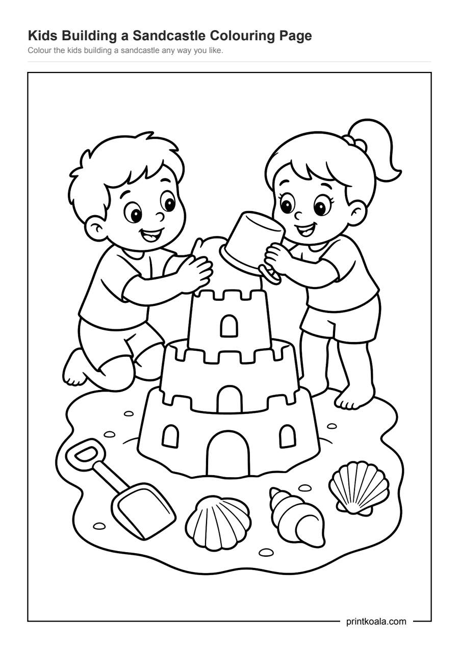 Full preview of the Kids Building a Sandcastle Colouring Page worksheet
