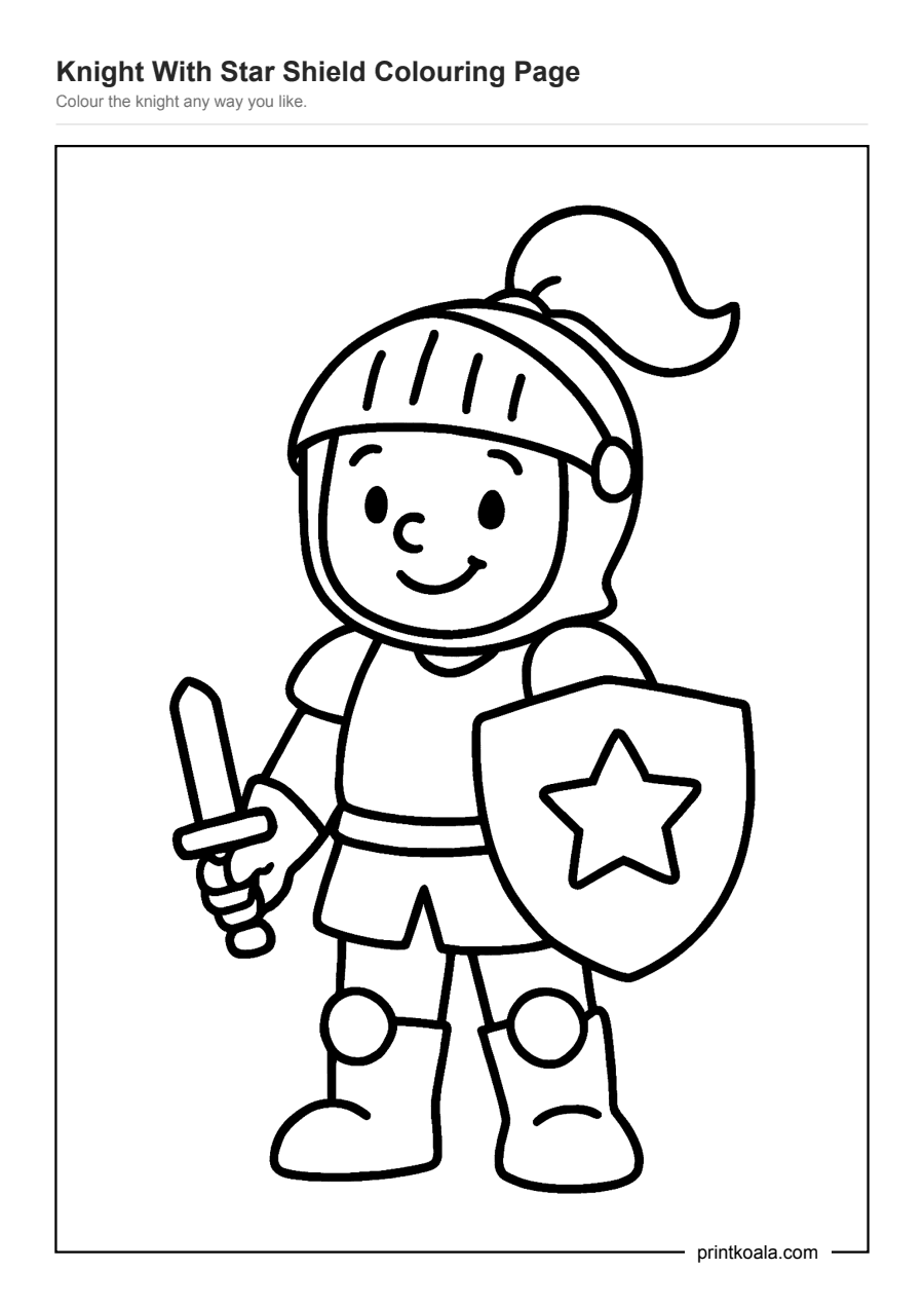 Full preview of the Knight With Star Shield Colouring Page worksheet