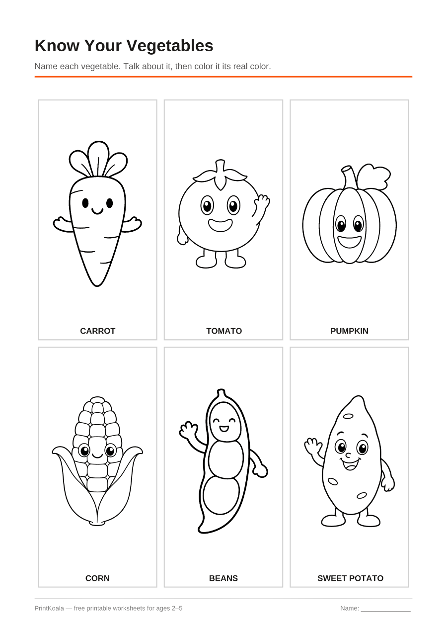 Full preview of the Know Your Vegetables worksheet