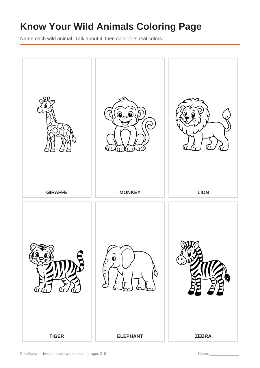 Full preview of the Know Your Wild Animals Coloring Page worksheet
