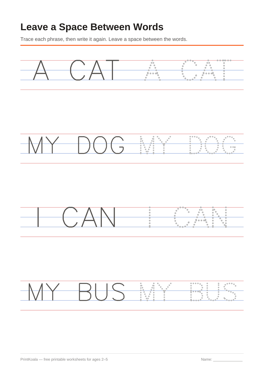 Full preview of the Leave a Space Between Words worksheet