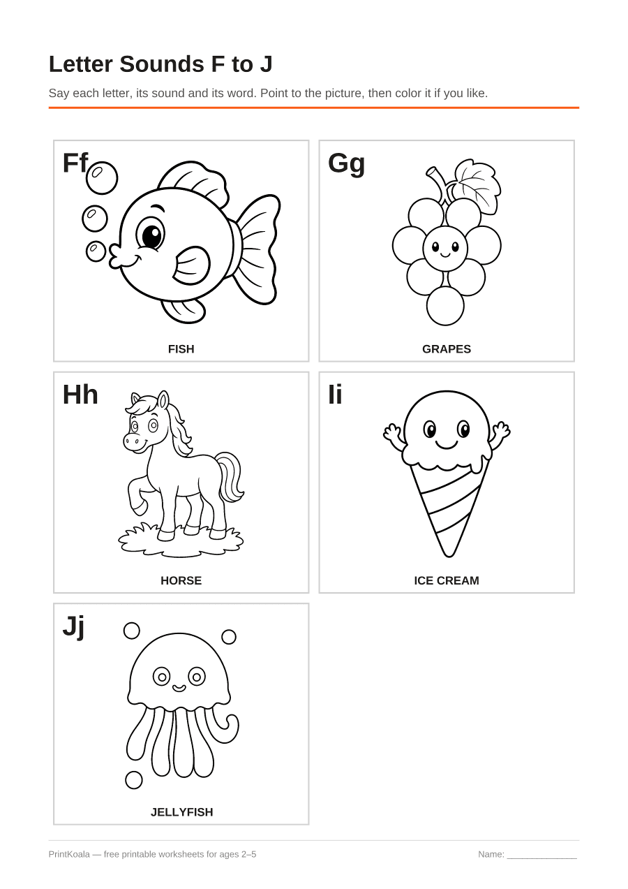 Full preview of the Letter Sounds F to J worksheet