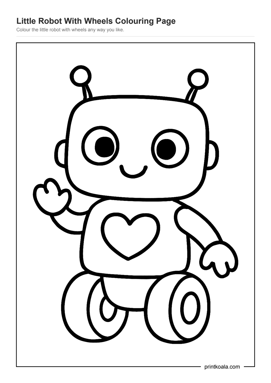 Full preview of the Little Robot With Wheels Colouring Page worksheet