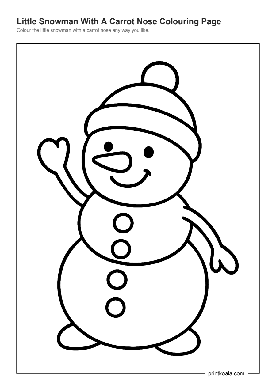 Full preview of the Little Snowman With A Carrot Nose Colouring Page worksheet
