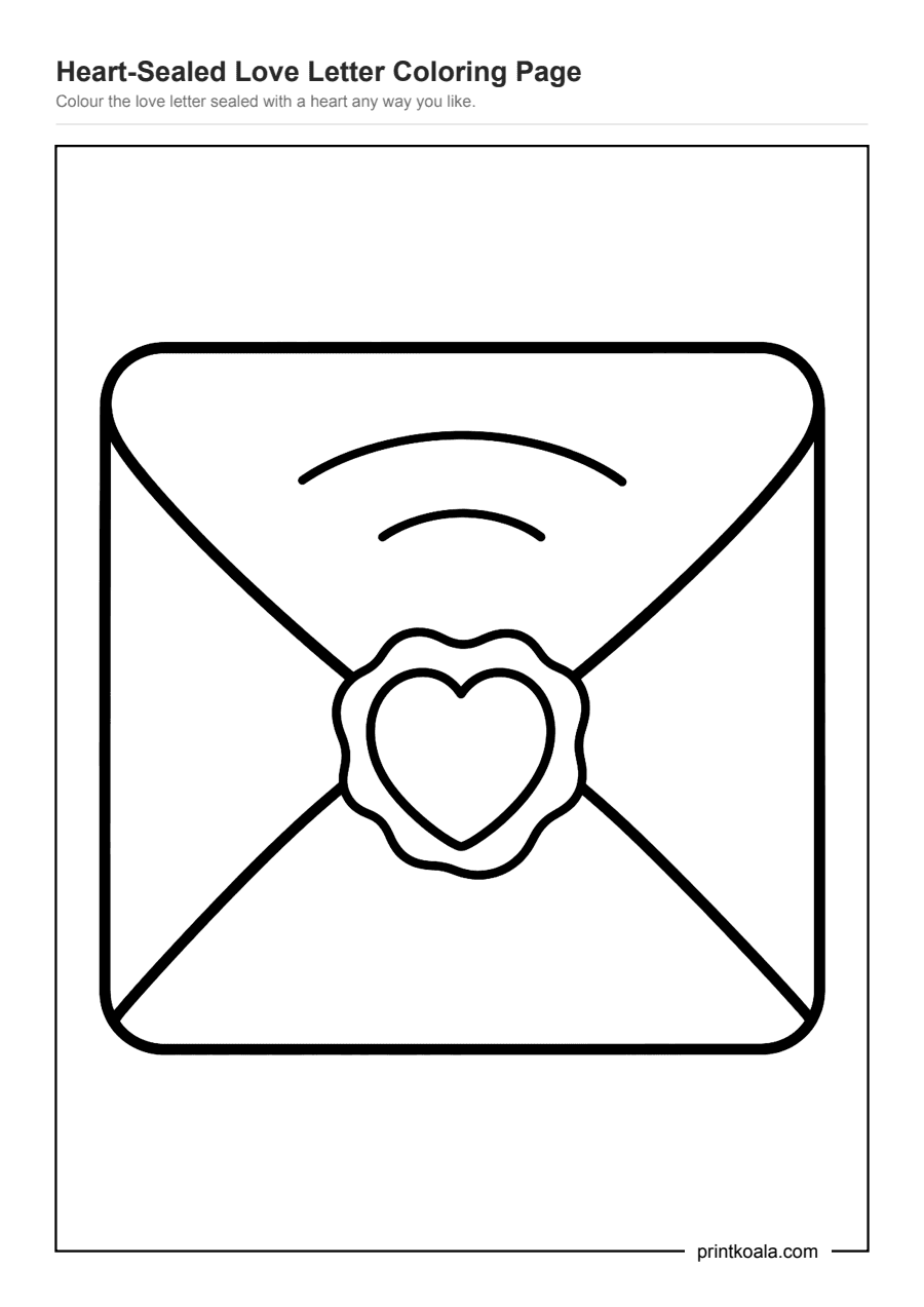 Full preview of the Heart-Sealed Love Letter Coloring Page worksheet